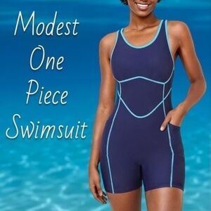 Athletic Boyleg One-Piece Swimsuit w/Pockets, Modest Racerback Bathing Suit